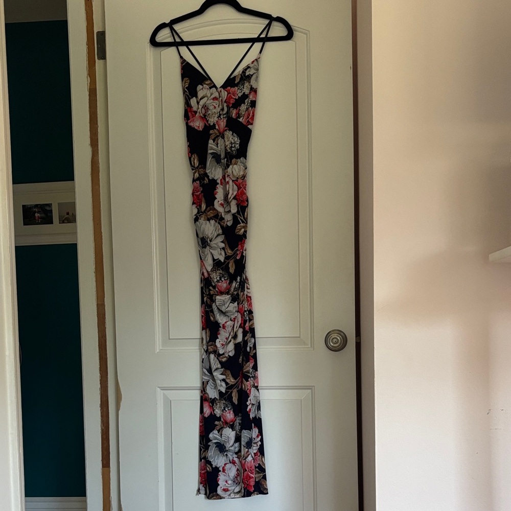 Windsor Stretchy Floral V-Neck Maxi Dress - Navy with Pink & White Flowers
